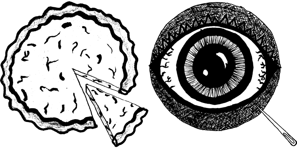a pair of crude grayscale sketches form the
                        abstract impression of the letters QQ. to the left, a
                        quiche has a single slice offset on the bottom-right. to
                        the right, a bloodshot eyeball with partially closed lids
                        looks directly forward as a needle to the bottom-right
                        approaches it.